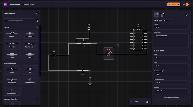 Screenshot of the circuit editor: electronic components wired into a schematic with a parts palette and a properties panel for editing component specs.