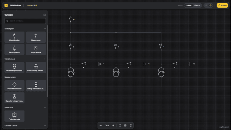 Screenshot of the single-line diagram editor: IEC 60617 substation symbols placed from a categorized palette onto a schematic canvas.